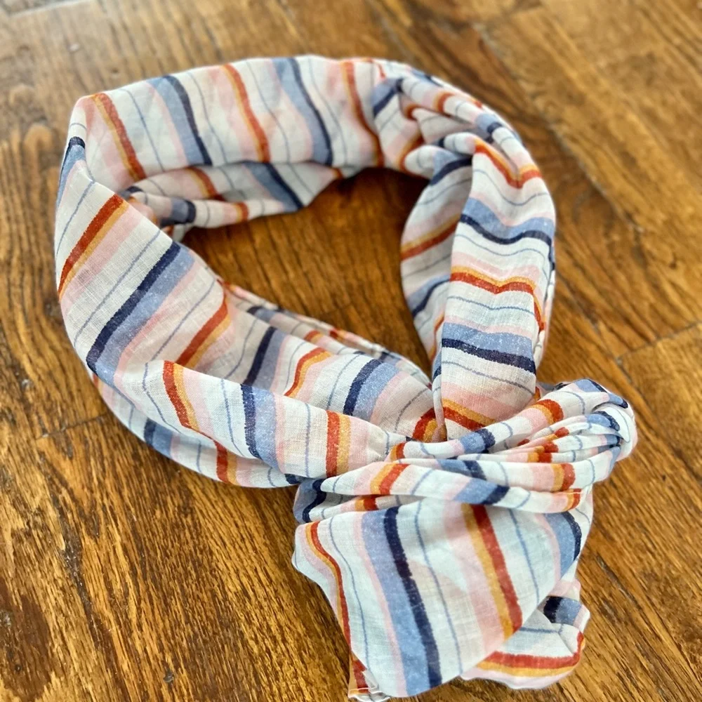 PREPPY Striped Infinity Scarf Head Wrap + Hair Tie - White Blue & Orange Stripes